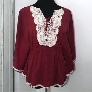 Burgundy Red Peasant Top Blouse Crochet Lace Up S